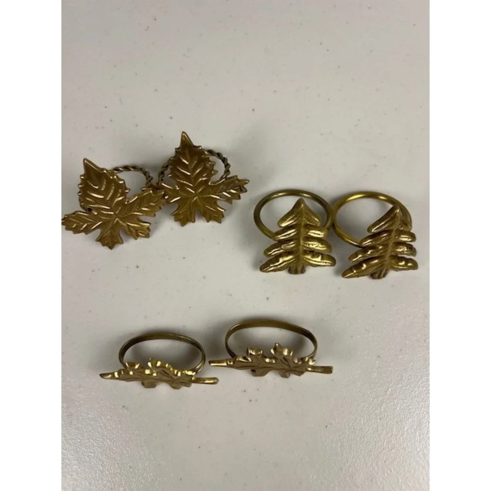 Vintage Brass Napkin Rings Set of 6 Mixed Leaves and Christmas Trees Gold Tone